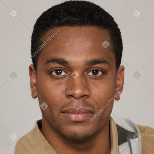 Neutral latino young-adult male with short  brown hair and brown eyes