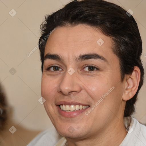 Joyful white young-adult male with medium  brown hair and brown eyes