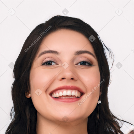 Joyful white young-adult female with long  black hair and brown eyes