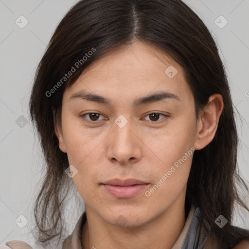 Neutral white young-adult female with long  brown hair and brown eyes