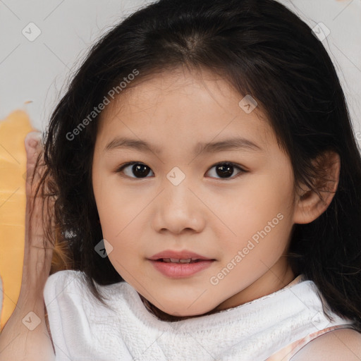 Joyful white child female with medium  brown hair and brown eyes