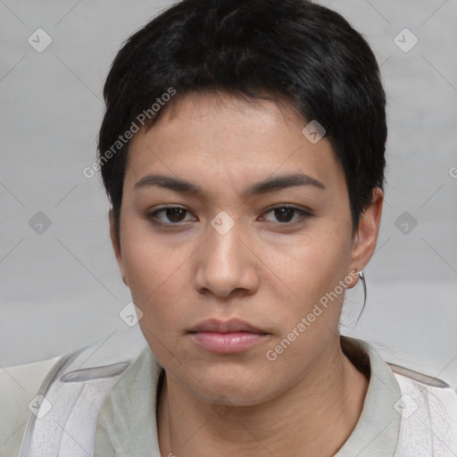 Neutral asian young-adult female with short  brown hair and brown eyes