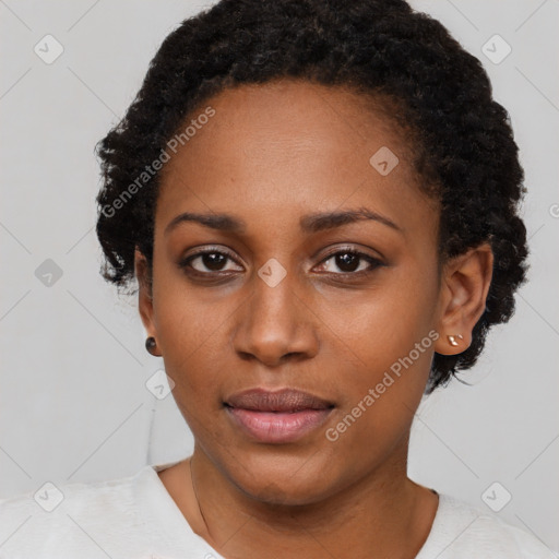 Neutral black young-adult female with short  black hair and brown eyes