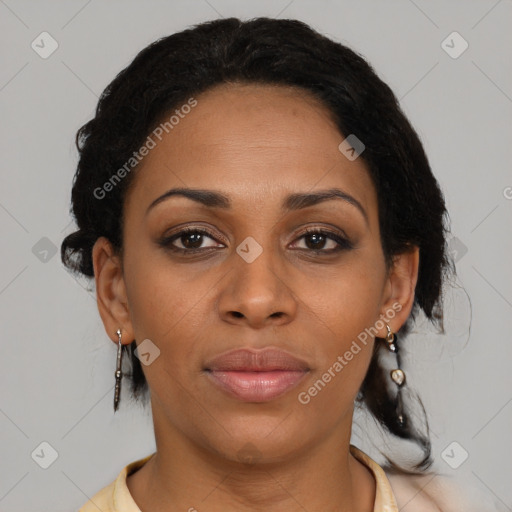 Joyful black young-adult female with medium  brown hair and brown eyes