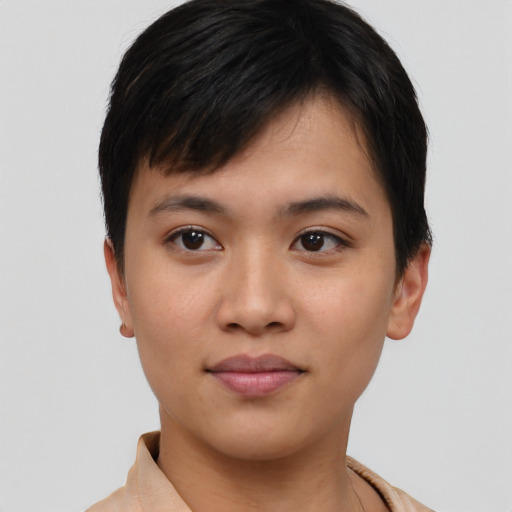 Neutral asian young-adult female with short  brown hair and brown eyes