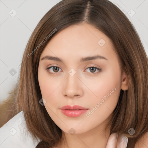 Neutral white young-adult female with long  brown hair and brown eyes