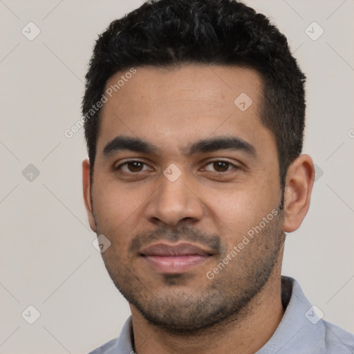 Neutral latino young-adult male with short  black hair and brown eyes