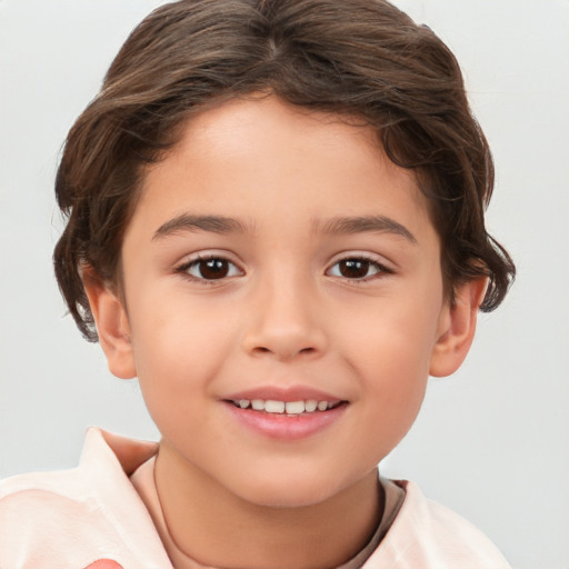 Joyful white child female with short  brown hair and brown eyes