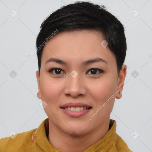 Joyful asian young-adult female with short  brown hair and brown eyes