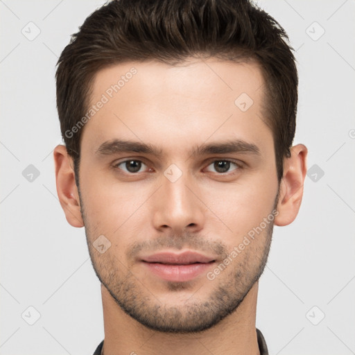 Neutral white young-adult male with short  brown hair and brown eyes