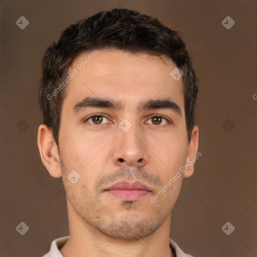 Neutral white young-adult male with short  brown hair and brown eyes