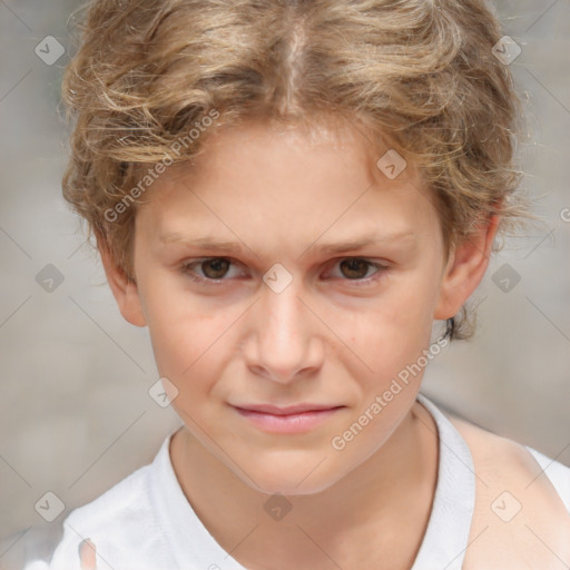 Joyful white child female with short  brown hair and brown eyes