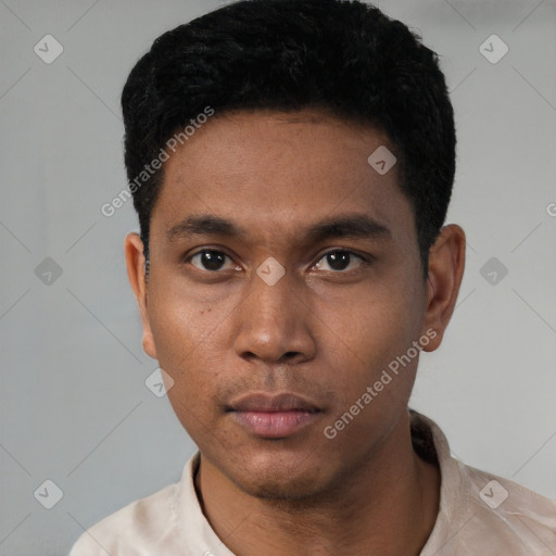 Neutral latino young-adult male with short  black hair and brown eyes
