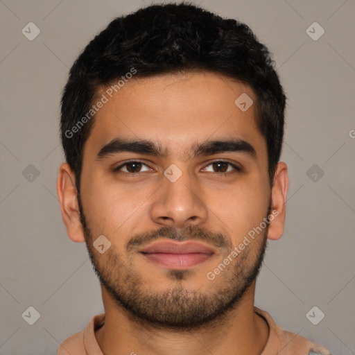 Neutral latino young-adult male with short  black hair and brown eyes