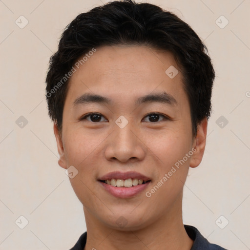 Joyful white young-adult male with short  black hair and brown eyes