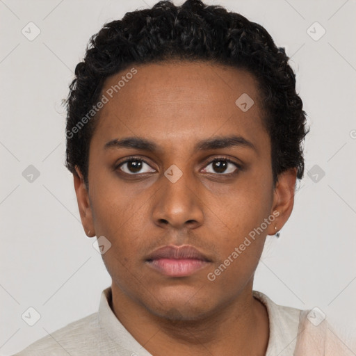 Neutral black young-adult male with short  black hair and brown eyes