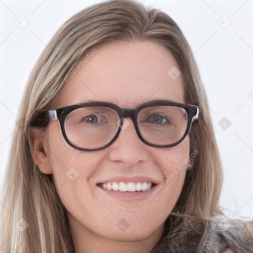 Joyful white young-adult female with long  brown hair and blue eyes