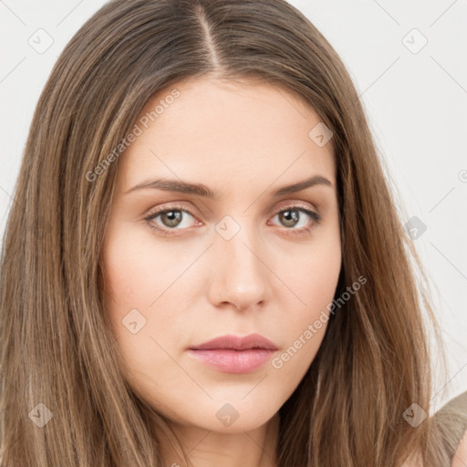 Neutral white young-adult female with long  brown hair and brown eyes