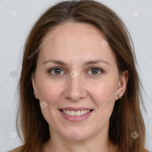 Joyful white young-adult female with long  brown hair and grey eyes