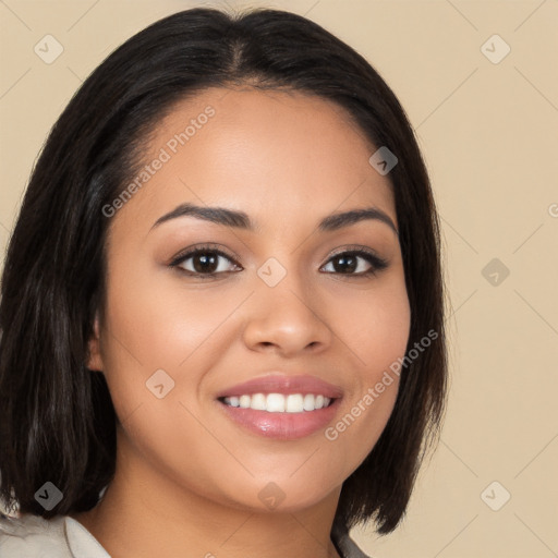 Joyful latino young-adult female with long  brown hair and brown eyes