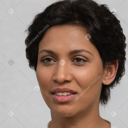 Joyful latino young-adult female with short  brown hair and brown eyes