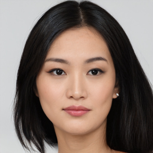 Neutral asian young-adult female with long  black hair and brown eyes