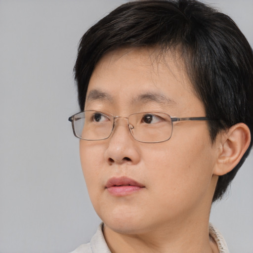 Neutral asian young-adult female with short  brown hair and brown eyes