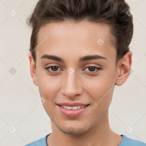 Joyful white young-adult female with short  brown hair and brown eyes