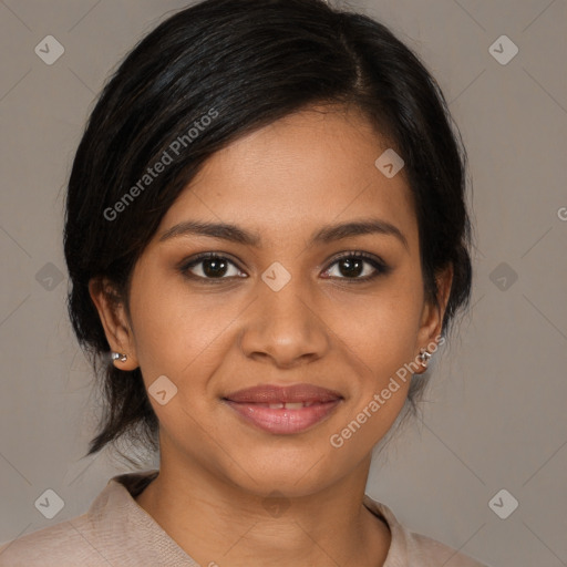 Joyful black young-adult female with medium  brown hair and brown eyes