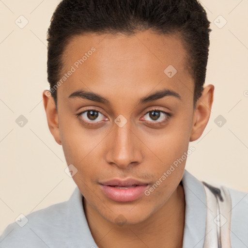 Neutral white young-adult female with short  brown hair and brown eyes