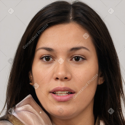 Joyful white young-adult female with long  brown hair and brown eyes