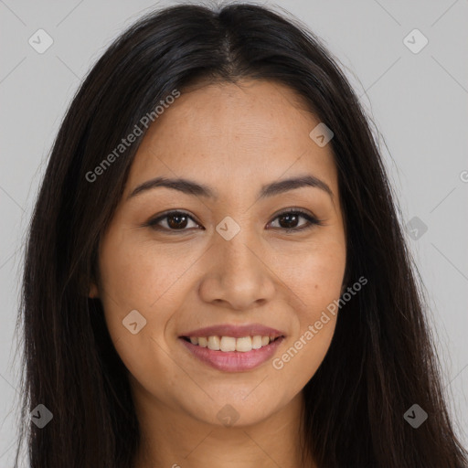 Joyful white young-adult female with long  brown hair and brown eyes