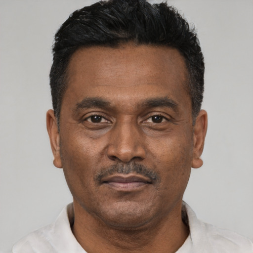 Neutral latino adult male with short  black hair and brown eyes