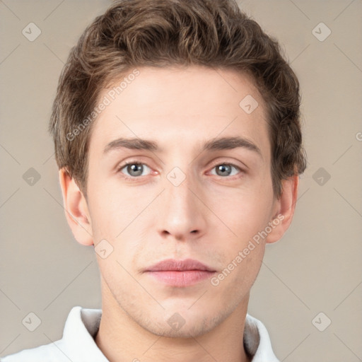 Neutral white young-adult male with short  brown hair and grey eyes