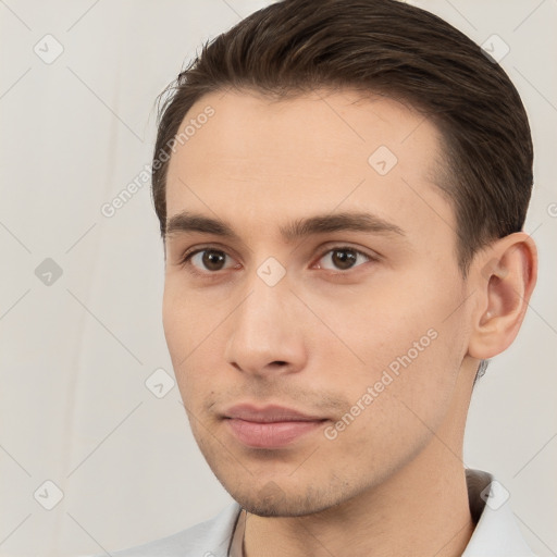 Neutral white young-adult male with short  brown hair and brown eyes