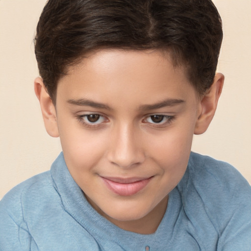 Joyful white child female with short  brown hair and brown eyes