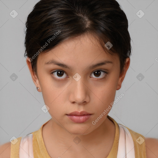 Neutral white young-adult female with short  brown hair and brown eyes