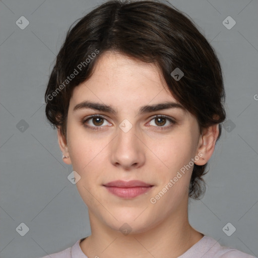 Neutral white young-adult female with medium  brown hair and brown eyes