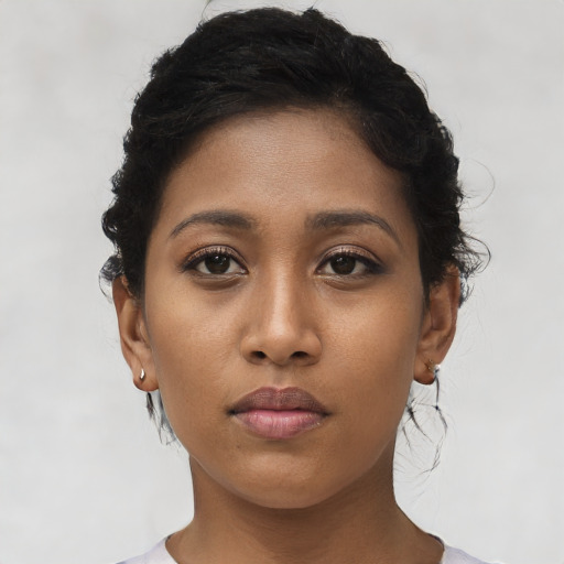 Neutral asian young-adult female with short  black hair and brown eyes