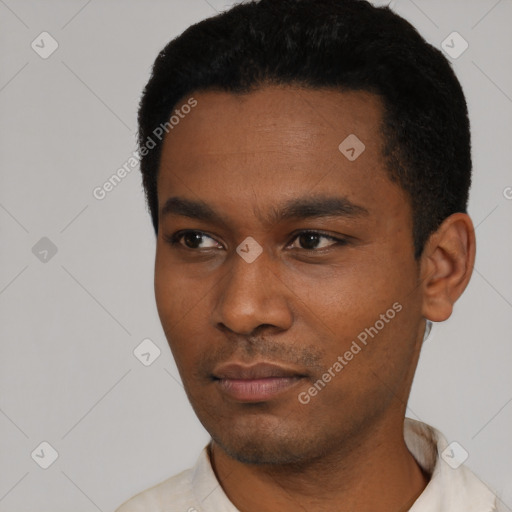 Neutral black young-adult male with short  black hair and brown eyes