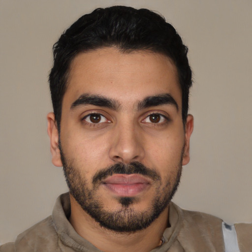Neutral latino young-adult male with short  black hair and brown eyes