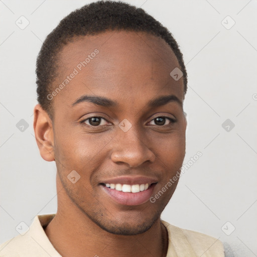 Joyful black young-adult male with short  brown hair and brown eyes