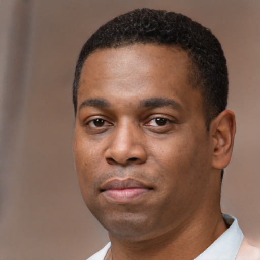 Neutral black young-adult male with short  black hair and brown eyes