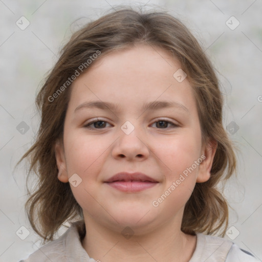 Joyful white child female with medium  brown hair and grey eyes