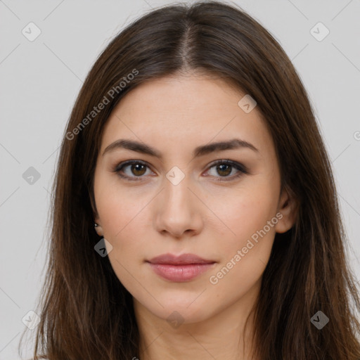 Neutral white young-adult female with long  brown hair and brown eyes