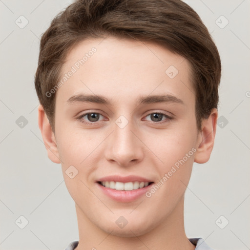 Joyful white young-adult female with short  brown hair and grey eyes