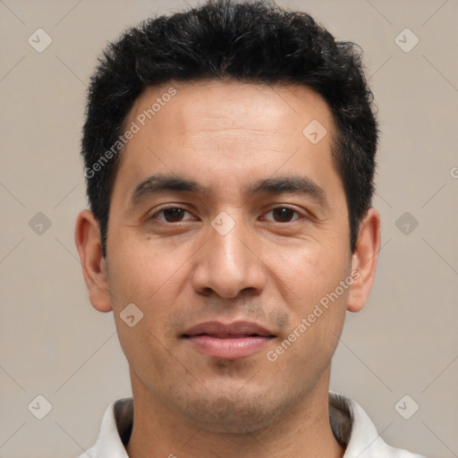 Joyful white young-adult male with short  black hair and brown eyes