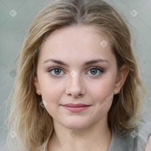 Joyful white young-adult female with medium  brown hair and green eyes