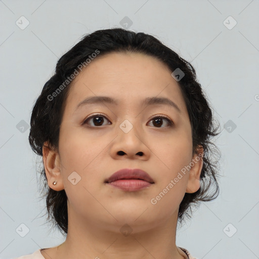 Neutral asian young-adult female with medium  brown hair and brown eyes