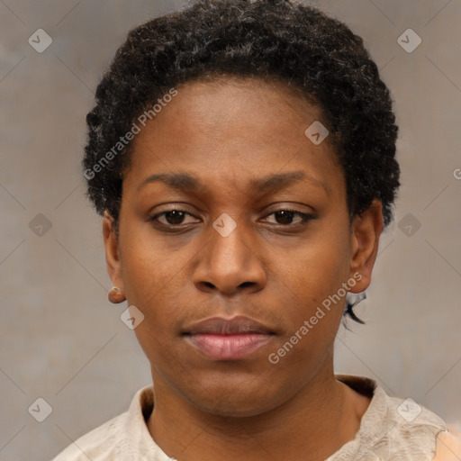 Neutral black young-adult female with short  brown hair and brown eyes